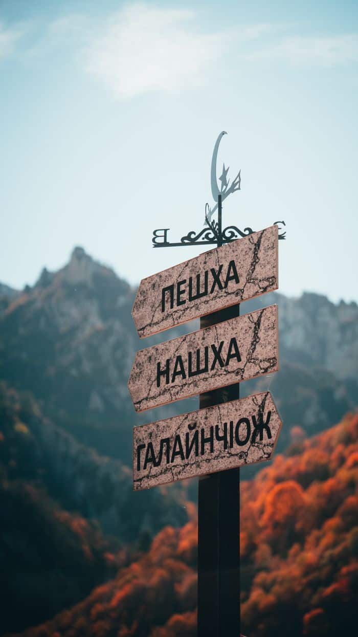 Signpost with Cyrillic text in front of mountains and autumn foliage.